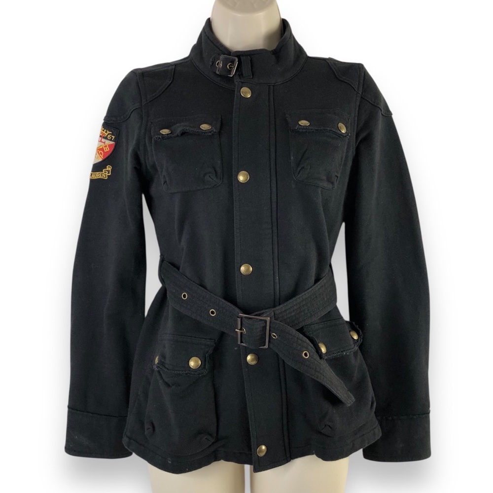 Ralph Lauren Black Belted Crest Cargo Jacket Teens 12/14 Shoulder Elbow Patches